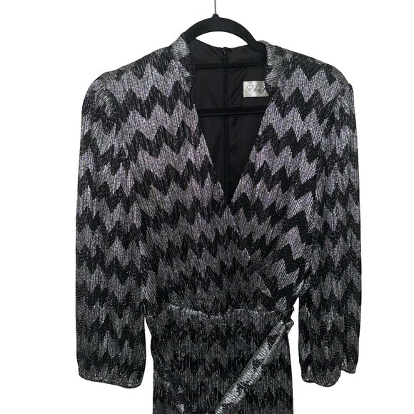 Eliza J.  Black/Silver Metallic Chevron Faux Wrap Dress Sz 14 - Picture 6 of 14